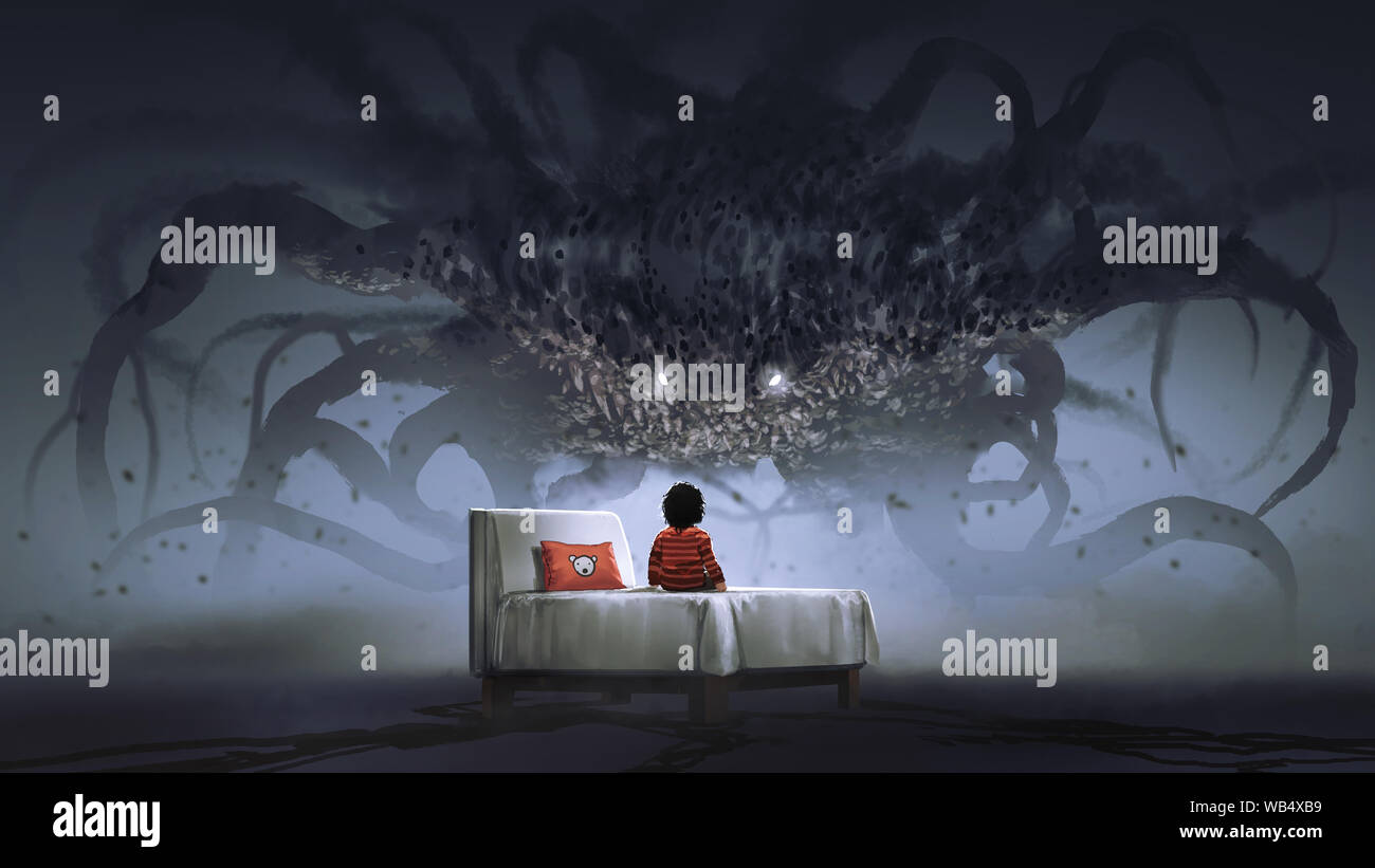 Concetto di incubo che mostra un ragazzo sul letto rivolto verso la mostro gigante nella terra scura, arte digitale stile, illustrazione pittura Foto Stock