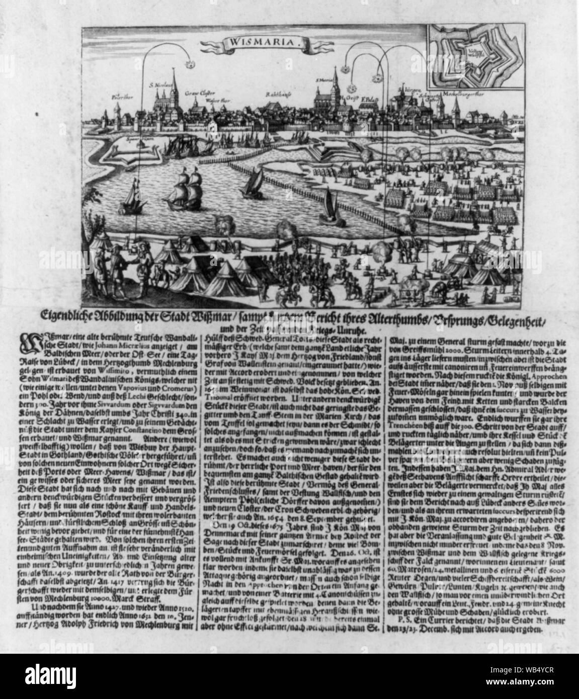 Eigendliche Abbildung der Stadt Wissmar sampt kurtzem Bericht ihres Alterthumbs, Ursprungs, Gelegenheit und der Zeit passirenden Kriegs-Unruhe. Abstract/medio: 1 stampa : incisione ; 2 fogli da 19 x 33 cm e 21 x 33 cm sul montaggio scheda 61 x 51 cm Foto Stock