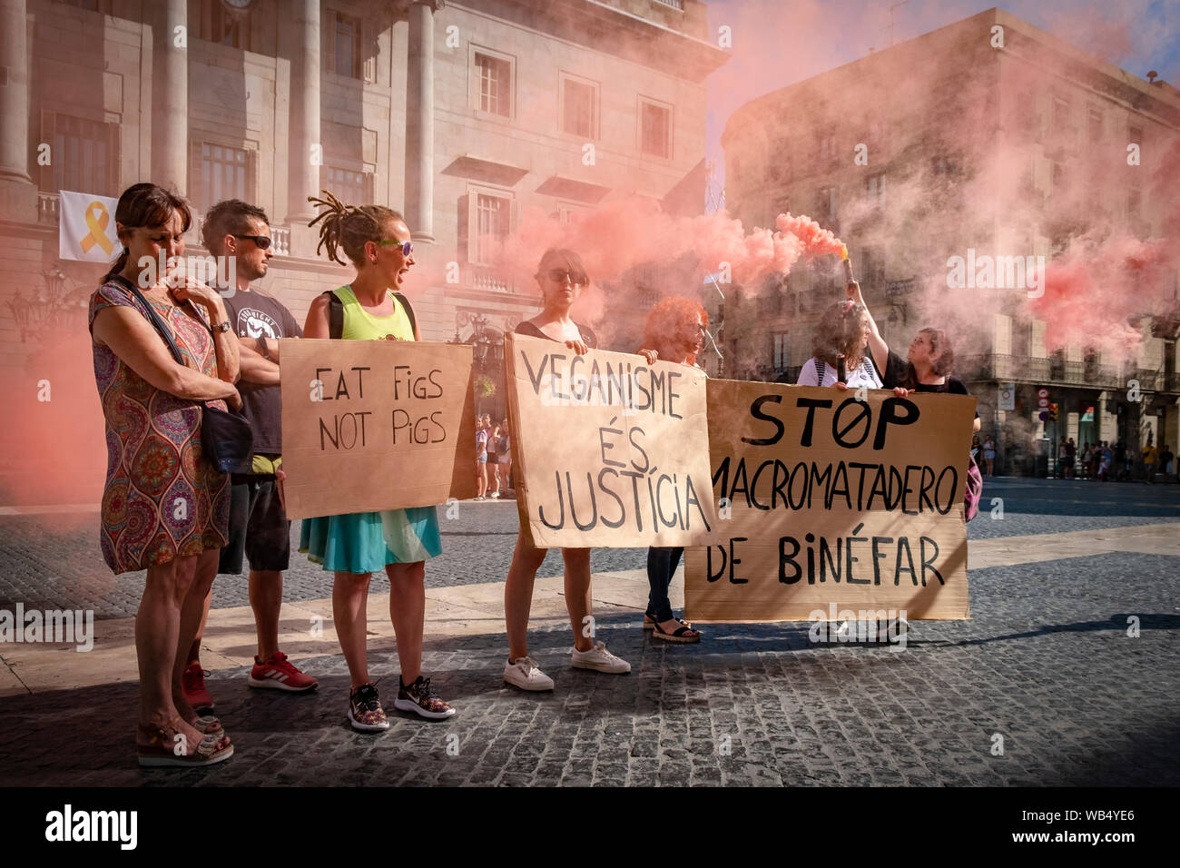 Di simpatizzanti del movimento vegano con cartelli e razzi rossi, durante la dimostrazione.Circa 150 persone che supportano il veganismo hanno protestato contro la costruzione della macro di macellazione di suini nel territorio del comune di Binéfar nella comunità autonoma di Aragona, Spagna. La cosiddetta più grande macello è operativo dal mese di luglio in Binéfar. Foto Stock