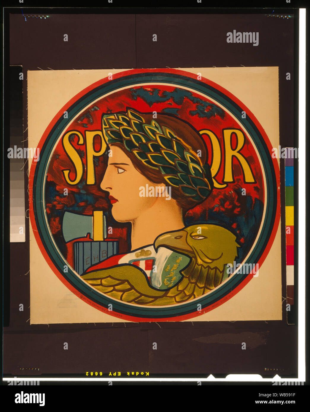 Emblema di Italia Abstract: Poster raffigurante la personificazione dell'Italia, raffigurata come donna che indossa corona di olivo in profilo entro un bordo circolare. Foto Stock