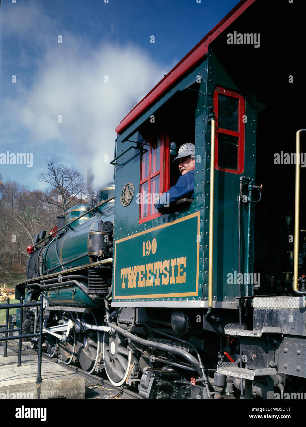 Il motore e l'ingegnere di un Tweetsie Railroad steam-sparò locomotiva, Blowing Rock, Carolina del Nord Foto Stock