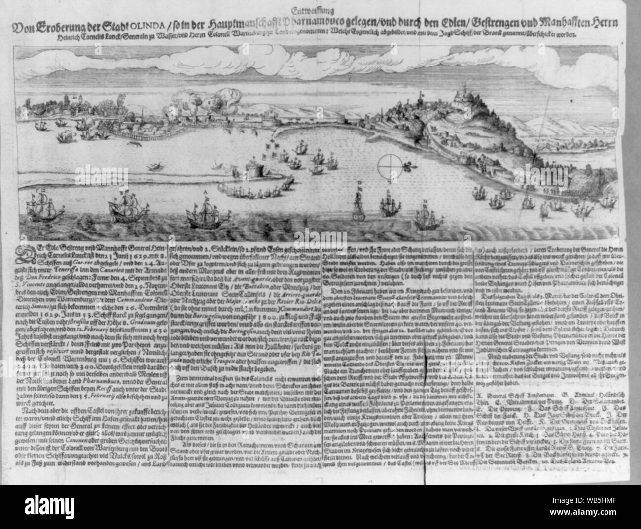 Entwerffung Eroberung von der Stadt Olinda così in der Hauptmansschaft Pharnambuco gelegen, vnd durch den Edlen Gestrengen vnd Manhafften Herrn Heinrich Cornelius Lonck, Generaln zu Wasser vnd Herrn Colonell Wartenburg zu Land eingenommen, Welche Eygentlich abgebildet vnd mit dem Jagd Schiff, der Braeck überschicket genannt worden. Abstract/medio: 1 stampa : incisione ; foglio 32 x 42 cm ripiegato a 19 cm in volume rilegato.; 1 stampa : incisione ; foglio 31 x 39 cm sul montaggio scheda 51 x 61 cm Foto Stock