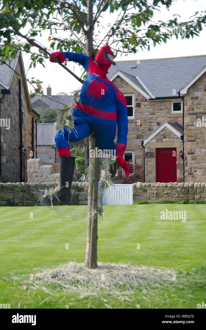 Rennington, Inghilterra, 24 agosto 2019. Spiderman la filatura di un web in un albero durante lo spaventapasseri festival che si tiene ogni anno a Ferragosto weekend. Foto Stock