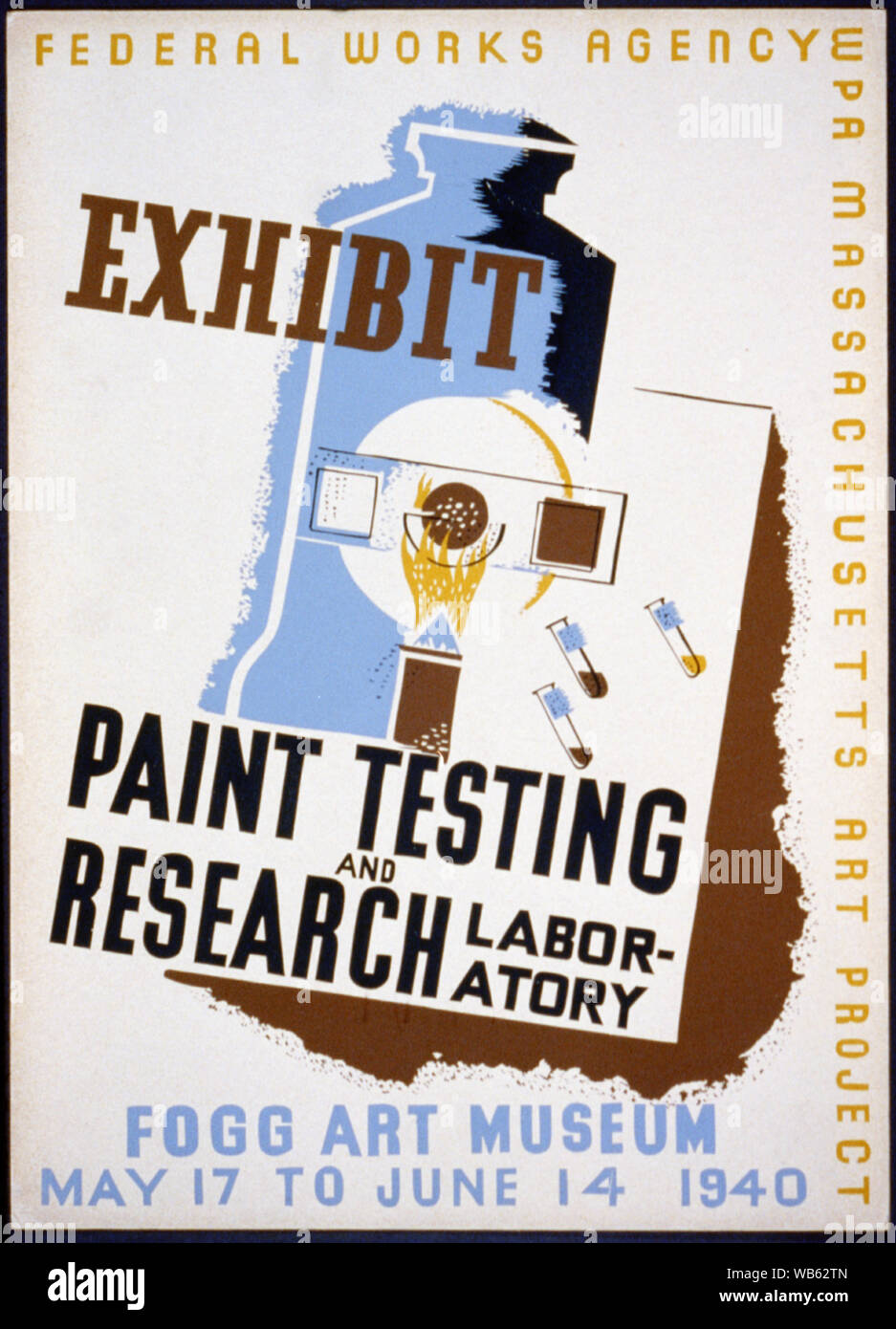 Presentare Abstract: Poster per la Federal Works Agency WPA Massachusetts Art Project presentano presso il Fogg Art Museum, mostrando i campioni di vernice che viene testato in un laboratorio. Foto Stock