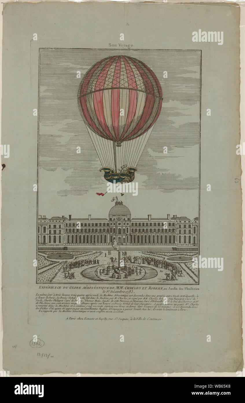 Esperienza du globe aerostatique du MM. Charles et Robert Au Jardin des Thuileries le 1er decembre 1783; stampa mostra Jacques Alexandre César Charles e Robert Marie-Noël equitazione in gondola di un palloncino ascendenti dal Giardino delle Tuileries, Parigi, Francia, 1 dicembre 1783 nel primo palloncino di idrogeno volo. (Fonte: A.G. Renstrom, LC personale, 1981-1982). Foto Stock