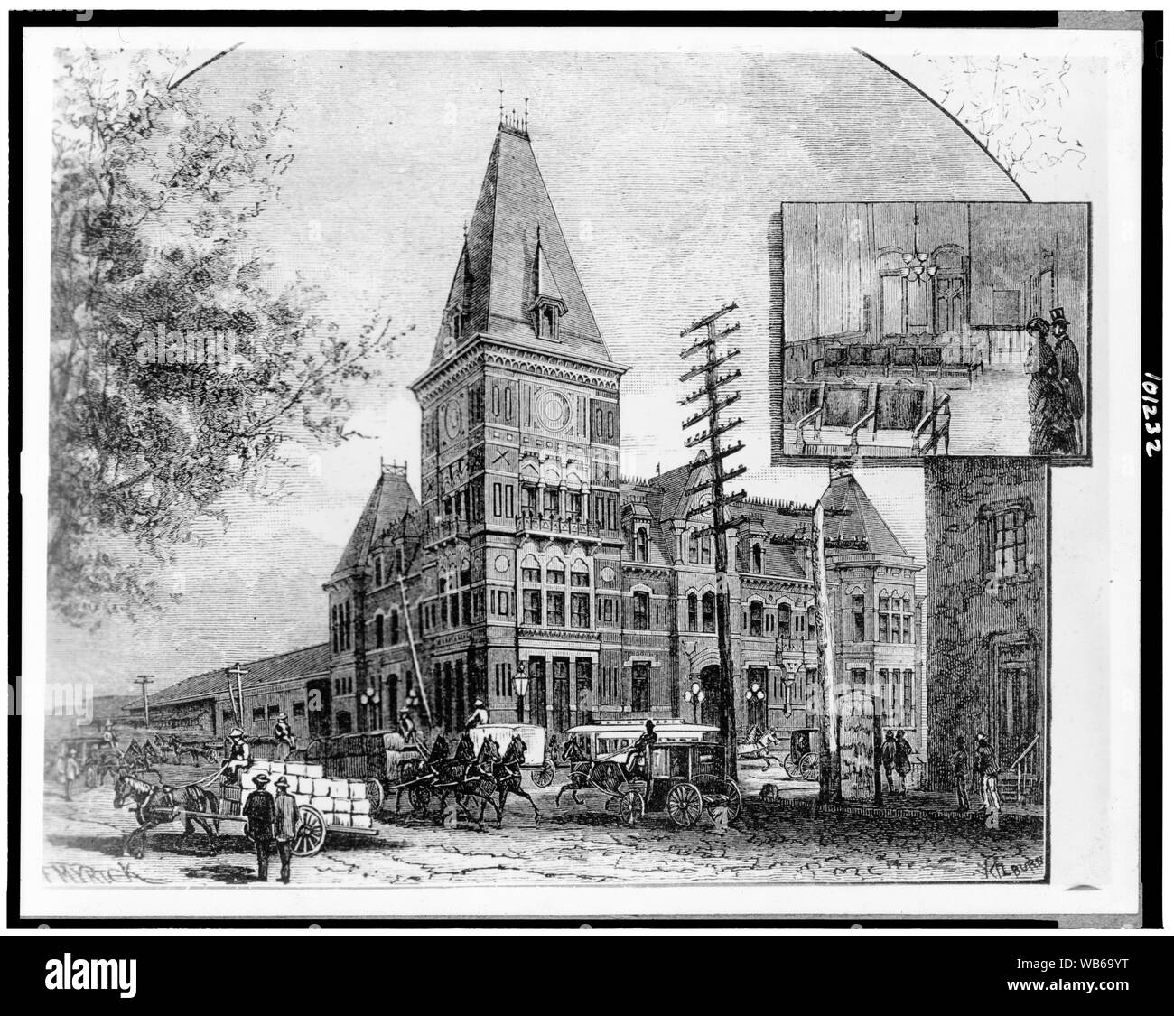 Esterno della vecchia stazione di Pennsylvania, 6A & B strade, N.W., Washington, D.C., come è apparso nel 1880(?) che mostra il traffico della strada di fronte e inserire degli interni] / F. Myrick(?) Abstract/medio: 1 stampa fotografica. Foto Stock
