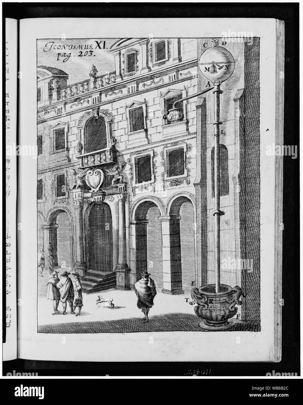 Vista esterna dell'edificio con apparecchiatura allegata per l'esperimento destinato a creare un vuoto per il drenaggio di acqua da un globo attaccato alla parte superiore dell'apparecchiatura Abstract/medio: 1 stampa : incisione. Foto Stock