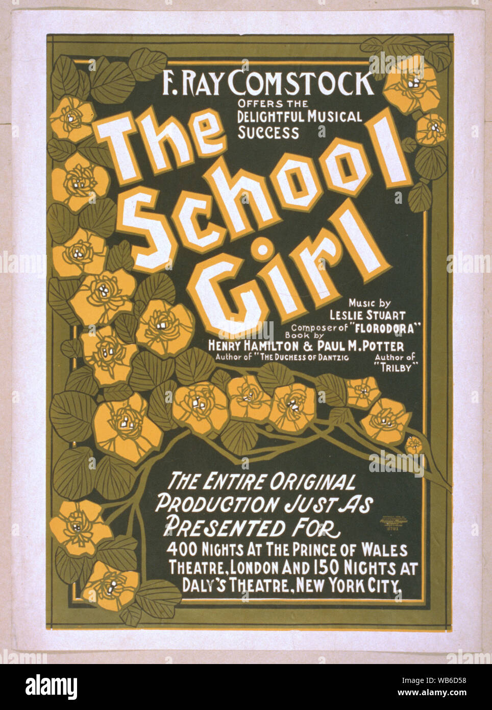 F. Ray Comstock offre la deliziosa successo musicale, la ragazza della scuola di musica di Leslie Stuart, compositore di Florodora ; libro da Henry Hamilton, autore della duchessa di Dantzig & Paolo M. Potter, autore di Trilby. Abstract/medio: 1 stampa : Litografia a colori ; foglio 72 x 54 cm. (Formato poster) Foto Stock