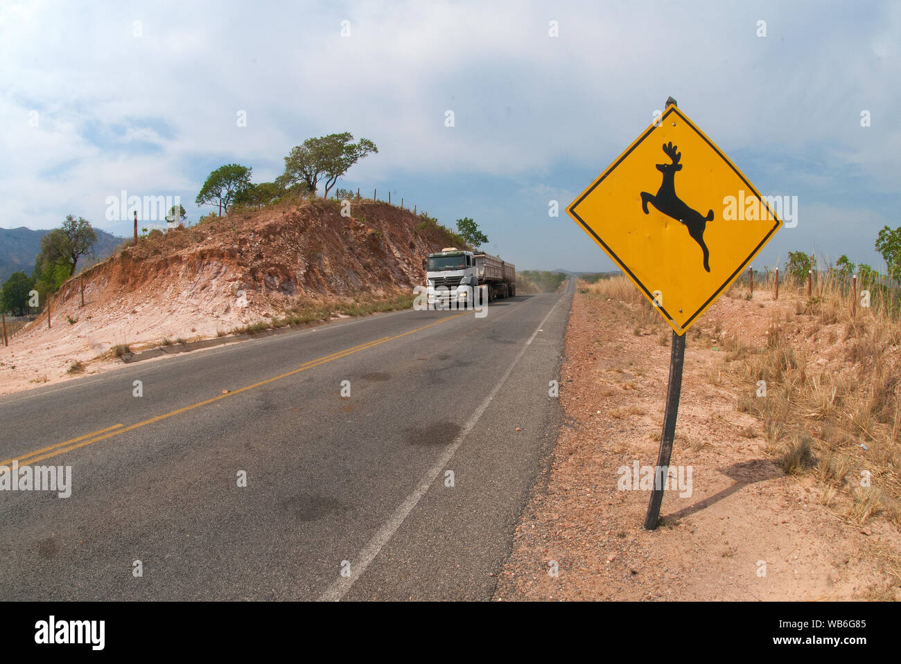 São Jorge, 25 ottobre 2017. Segnaletica stradale che informa i conducenti del pericolo di attraversare gli animali sul perimetro del Parco Nazionale di Chapada dos Veadeiros, Go Foto Stock