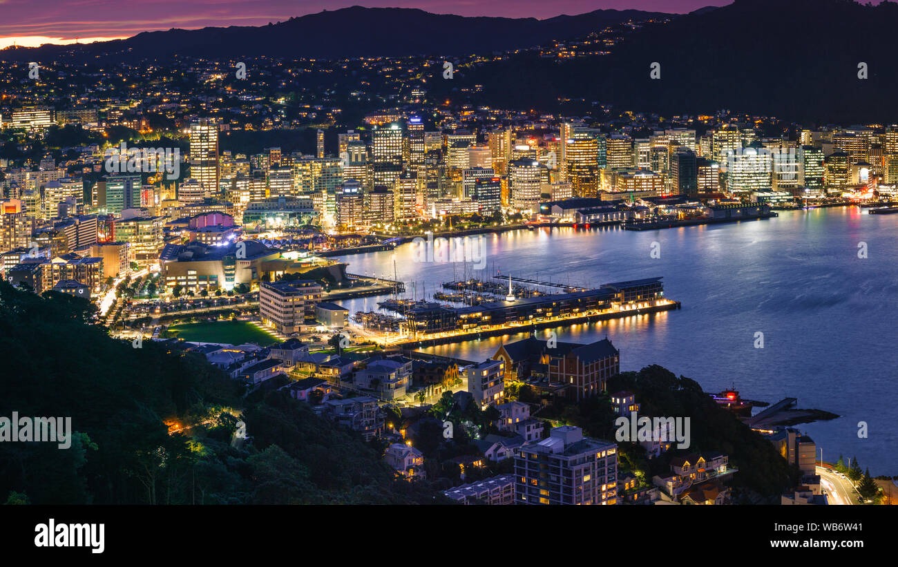 Wellington City e per il porto vista dal Monte Victoria. Wellington è la capitale della Nuova Zelanda e si trova nella parte inferiore dell'Isola del nord. Foto Stock