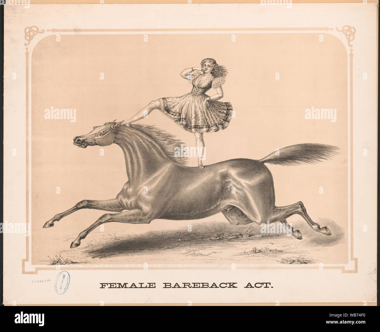 Femmina atto bareback Abstract: stampa mostra una donna circense in piedi e a cavallo su un bareback cavallo. Foto Stock