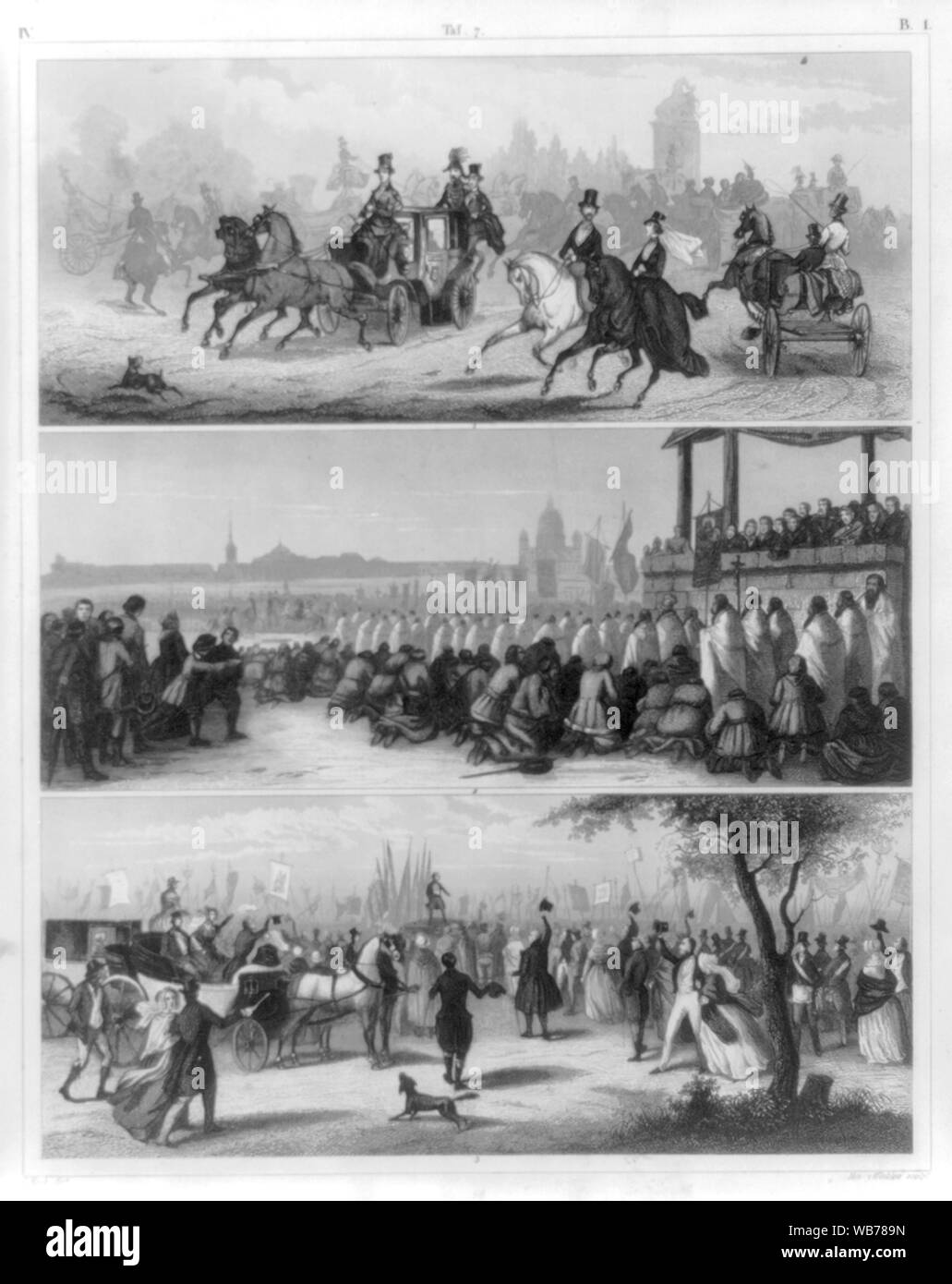 Fig. 1 Grand promenade di Elysian Fields, Parigi; fig. 2 Festival (religiosi) a San Pietroburgo; fig. 3 incontro pubblico in Inghilterra Abstract/medio: 1 stampa : incisione. Foto Stock