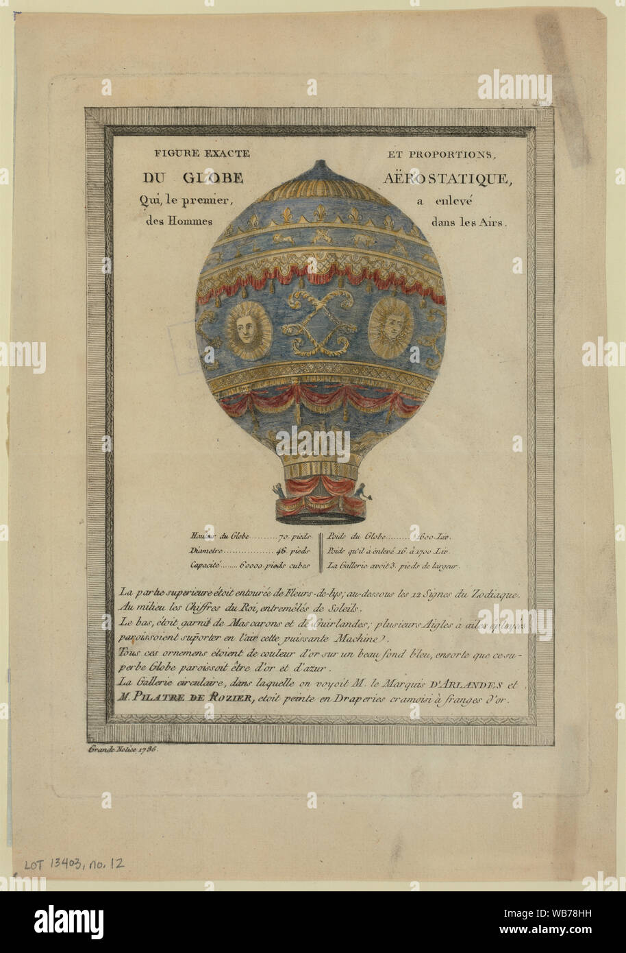 La figura exacte et proporzioni, du globe aërostatique, qui, le premier, un enlevé des hommes dans les airs; stampa mostra riccamente decorate palloncino utilizzato da Jean François Pilâtre de Rozier e il Marchese d'Arlandes in salita da Parigi, 19 ottobre 1783, raggiungendo una quota di 330 piedi per 9 minuti. (Fonte: A.G. Renstrom, LC personale, 1981-1982). Foto Stock