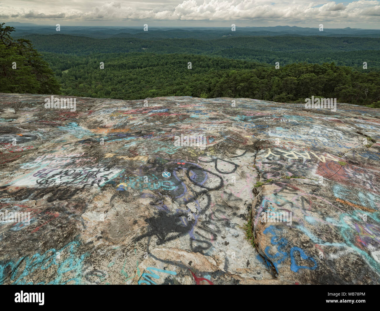 Coperto di graffiti Bald Rock di preservare il patrimonio. Parte del ponte di Mountain Wilderness Area in Carolina del Sud. Un posto popolare per graffiti e scenic v Foto Stock