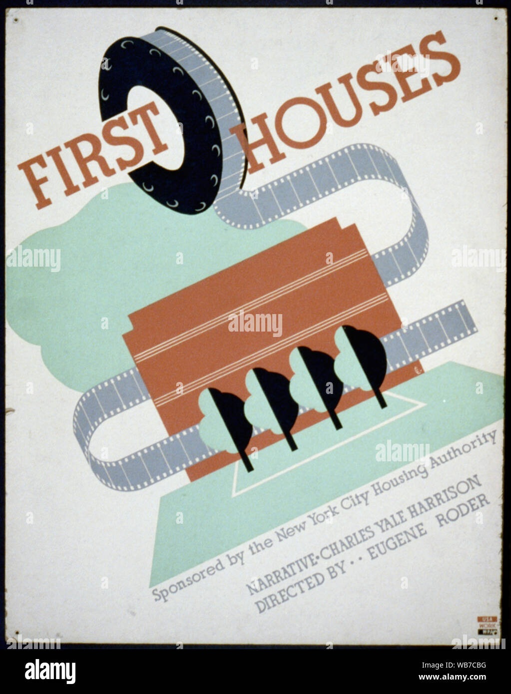 Prime case Abstract: Poster annunciando la presentazione del film, prime case che mostra il rotolo di pellicola e paesaggio con alberi. Foto Stock