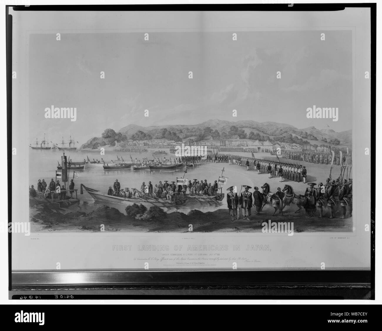 Primo sbarco degli Americani in Giappone, sotto la Commodore M.C. Perry al Gore-Hama 14 Luglio 1853 / W. Heine del. ; E. Brown Jr. direxit. ; Lith. Di Sarony & Co. N.Y. Abstract/medio: 1 stampa : litografia. Foto Stock