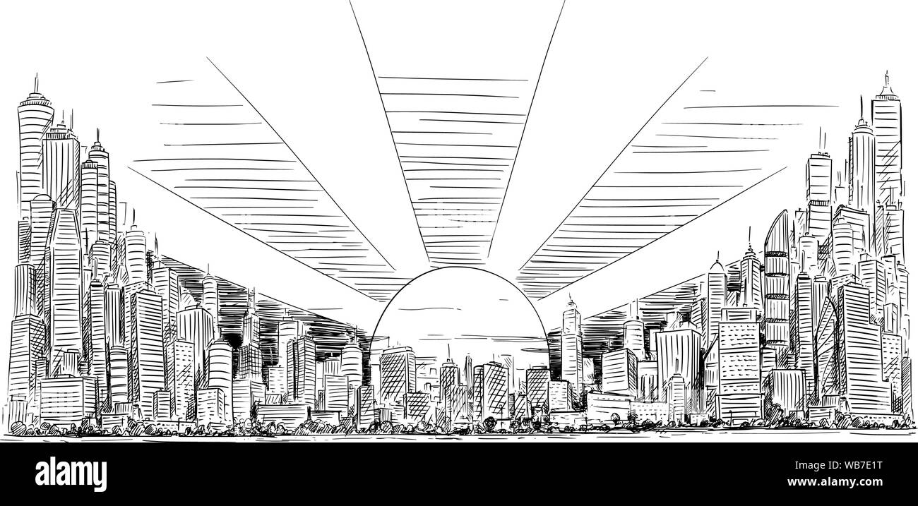 Vettore sketchy artistico penna e inchiostro disegno illustrazione di generiche Città alta crescita paesaggio paesaggio con edifici grattacielo, degli affari e dagli edifici governativi di sunrise. Illustrazione Vettoriale