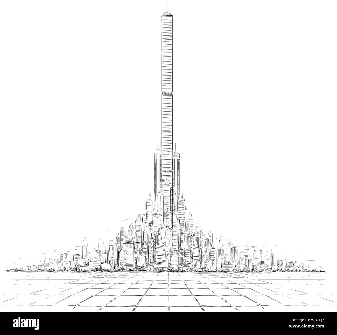 Vettore sketchy artistico penna e inchiostro disegno illustrazione di generiche Città alta crescita paesaggio paesaggio con alto grattacielo edifici nel centro. Vista dal vuoto pavimento in mattoni. Illustrazione Vettoriale