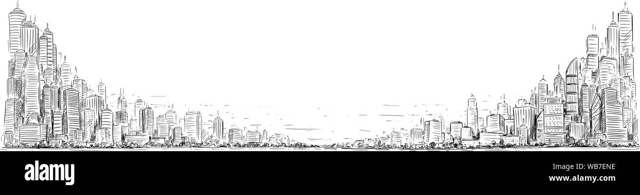 Vettore sketchy artistico penna e inchiostro disegno illustrazione di generiche Città alta crescita paesaggio paesaggio con edifici grattacielo, degli affari e dagli edifici governativi. Illustrazione Vettoriale