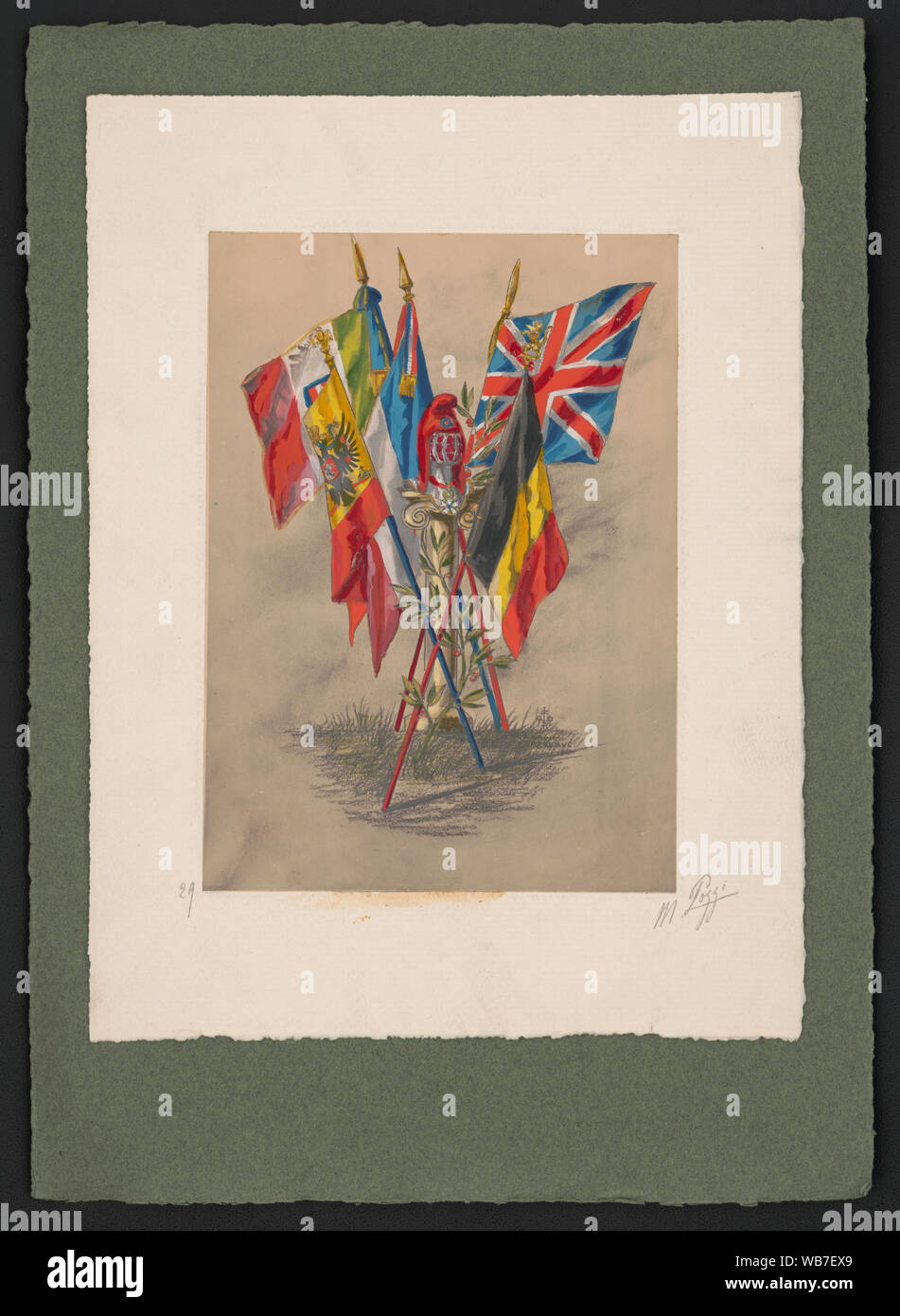 Le bandiere della I Guerra Mondiale gli alleati] / M. Pozzi Abstract/medio: 1 disegno : acquerello e grafite ; foglio 22 x 16 cm, mount 31 x 23 cm, secondo supporto 38 x 28 cm. Foto Stock