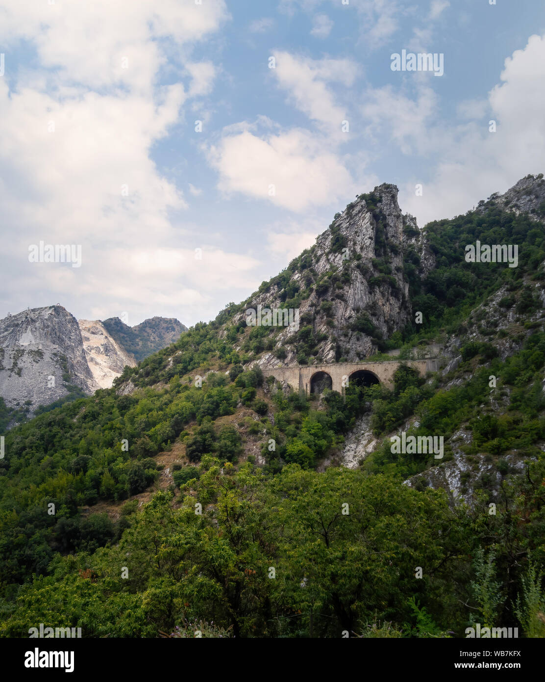 Vista di approccio per le cave di marmo delle Alpi Apuane, montagne vicino a Carrara, Italia. Famosa per il marmo bianco ma anche popolare con i turisti. Foto Stock