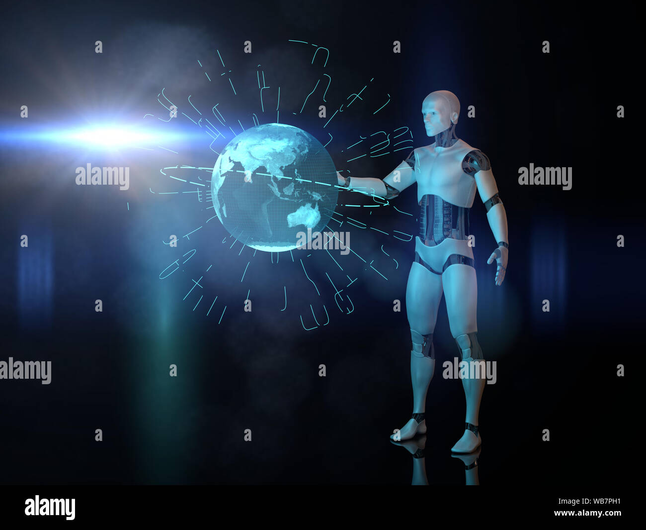 Robot con un ologramma del pianeta terra, maschio android lavorando su un avveniristico incandescente display (3d sci-fi illustrazione) Foto Stock