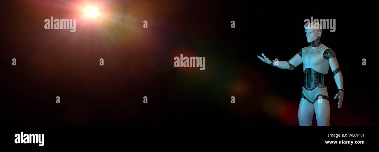 Robot Intelligenza artificiale di fronte a uno sfondo nero presentando uno spazio vuoto (3d illustrazione banner) Foto Stock