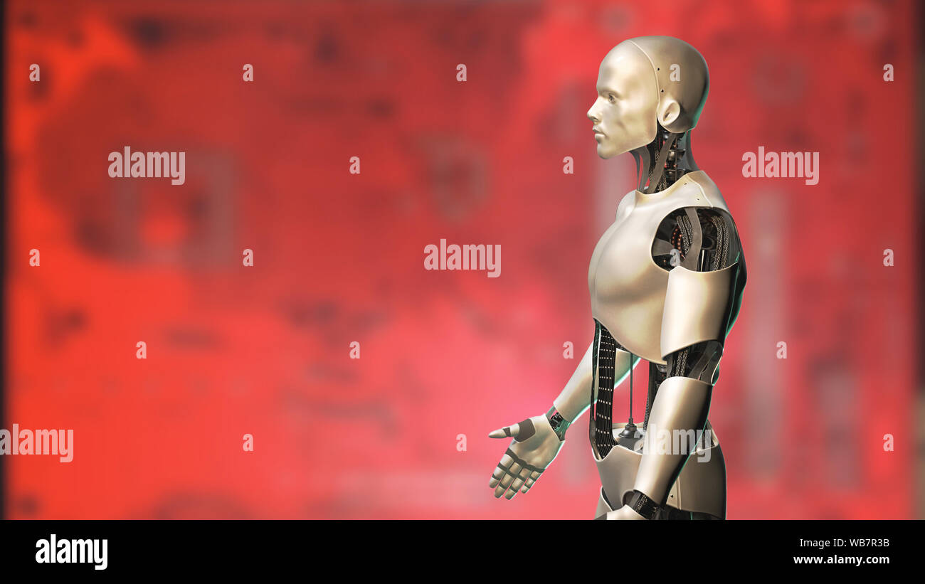 Robot umanoide, cyborg nella parte anteriore di un rosso del circuito elettrico sullo sfondo Foto Stock