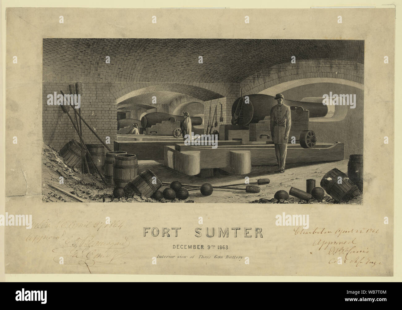 Fort Sumter, 9 dicembre 1863, vista interna di tre pistola astratta della batteria/medio: 1 disegno su carta bianca montato su carta marrone chiaro : nero e inchiostro marrone ; 31,4 x 45,3 cm. (Foglio). Foto Stock