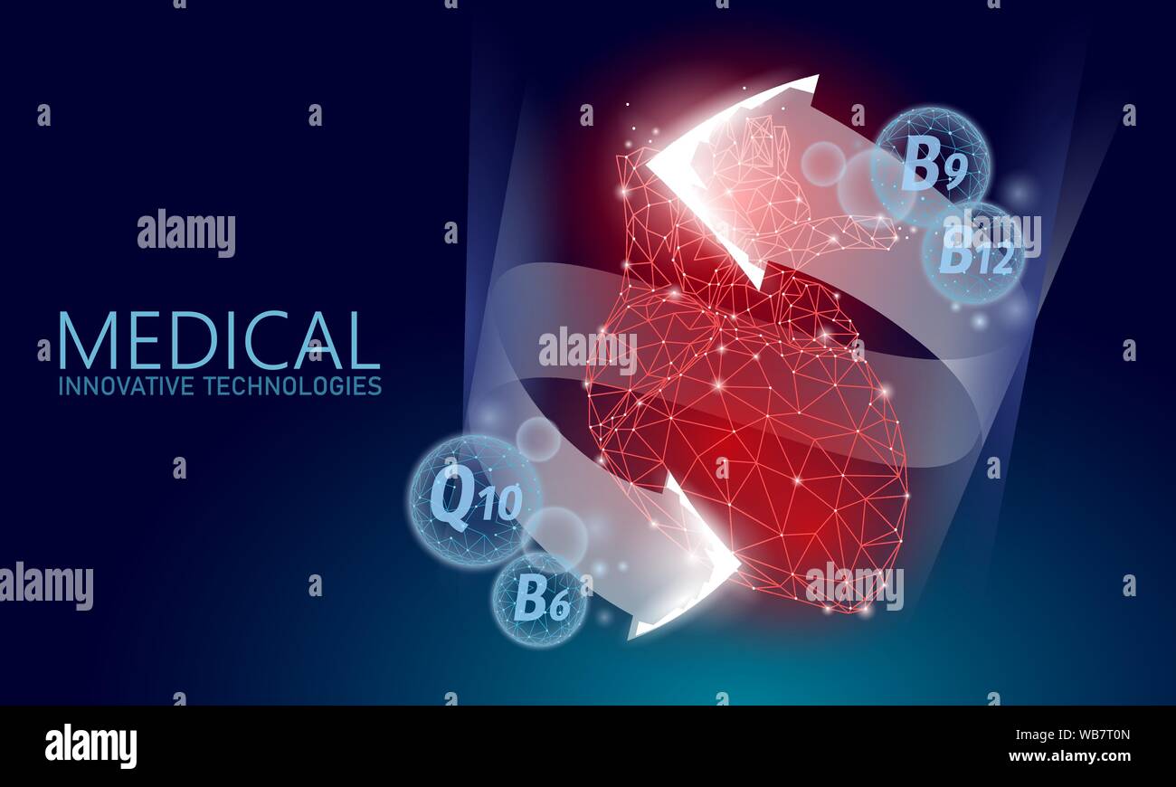Salutare di cuore umano 3d la vitamina a bassa poli. Medicina care protection farmaco farmacia banner sfondo. Supplemento nutrizionale Q10 B12 innovativo moderno Illustrazione Vettoriale