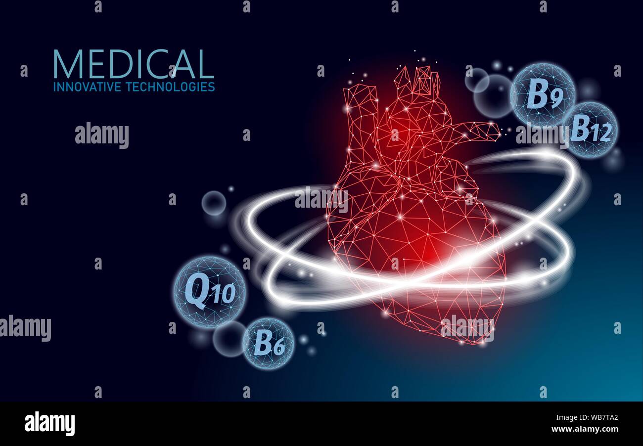 Salutare di cuore umano 3d la vitamina a bassa poli. Medicina care protection farmaco farmacia banner sfondo. Supplemento nutrizionale Q10 B12 innovativo moderno Illustrazione Vettoriale
