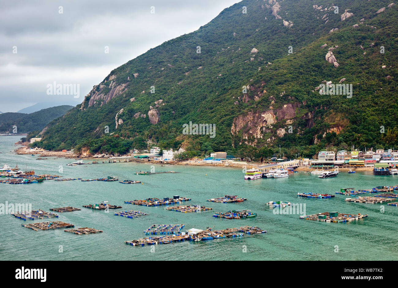 Vista dei pesci di allevamento e i ristoranti a Sok Kwu Wan (Baia di picnic). Lamma Island, Hong Kong, Cina. Foto Stock