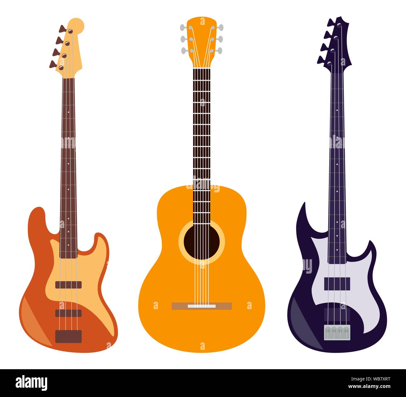 Chitarra set. Chitarre acustiche ed elettriche isolate su sfondo bianco. Strumenti musicali a corda. Carino in stile appartamento illustrazione vettoriale Illustrazione Vettoriale