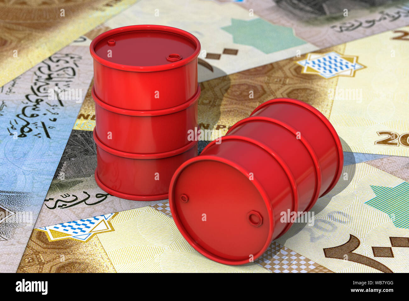 3d illustrazione: Rosso di barili di petrolio giacciono sullo sfondo della sterlina siriana banconote, Repubblica araba siriana. Business di petrolio, oro nero, benzina Foto Stock