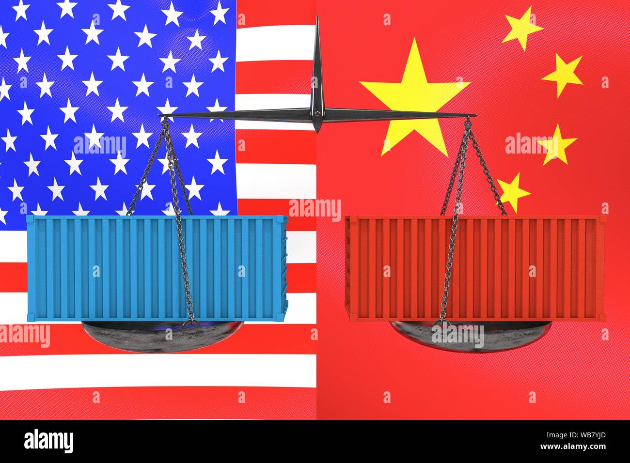 3d immagine: scale Vintage con il rosso e il blu ai contenitori di carico sullo sfondo degli americani e cinesi, bandiere. Equilibrio economico. Guerra commerciale. Foto Stock