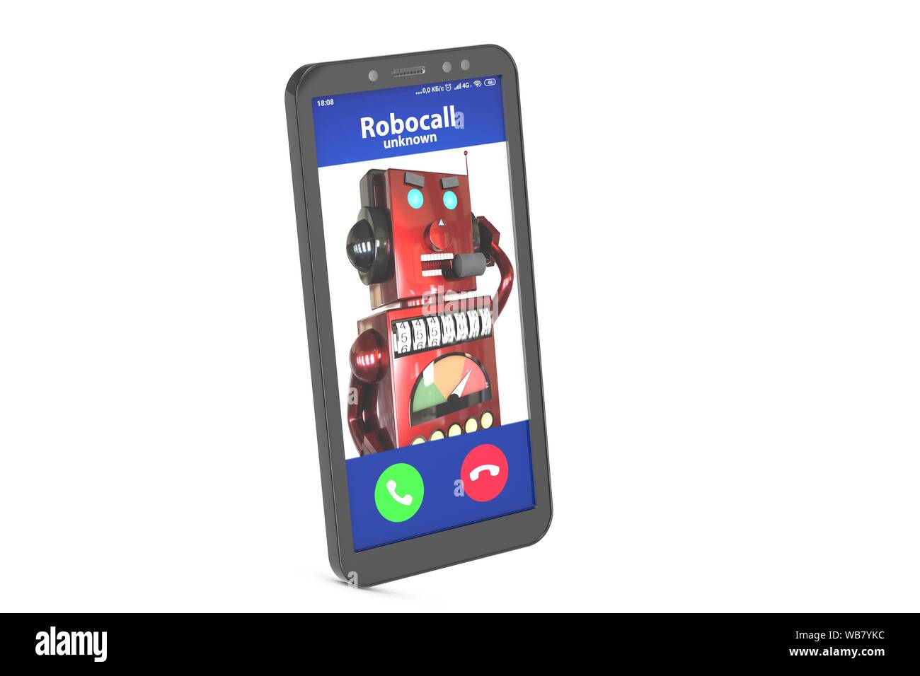 3d immagine: telefono cellulare con robot rosso chiamando. La macchina nelle cuffie con auricolari chiede a clienti con fastidiosi annunci, compone il numero di telefono Foto Stock