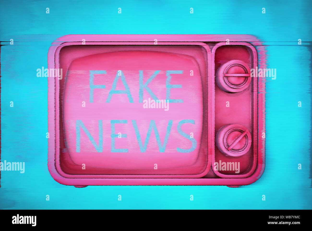 3D immagine: con glitch effetto VHS, difetti rumore. Vintage TV rosa con falsi News il testo visualizzato sullo schermo. Il concetto moderno di programmi di notizie. Foto Stock