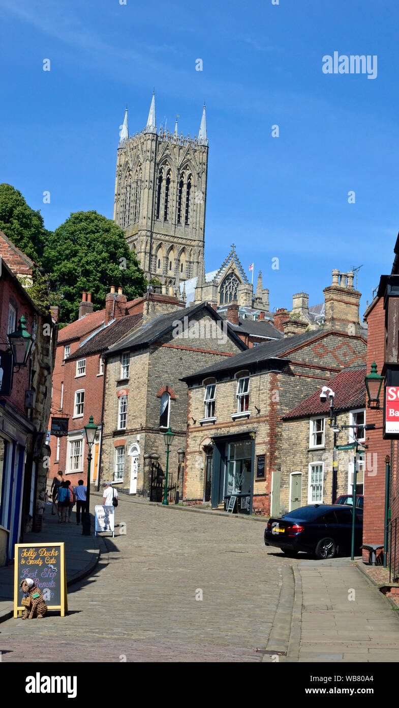 Ripida collina in Lincoln City Centre, Lincolnshire, Regno Unito Foto Stock
