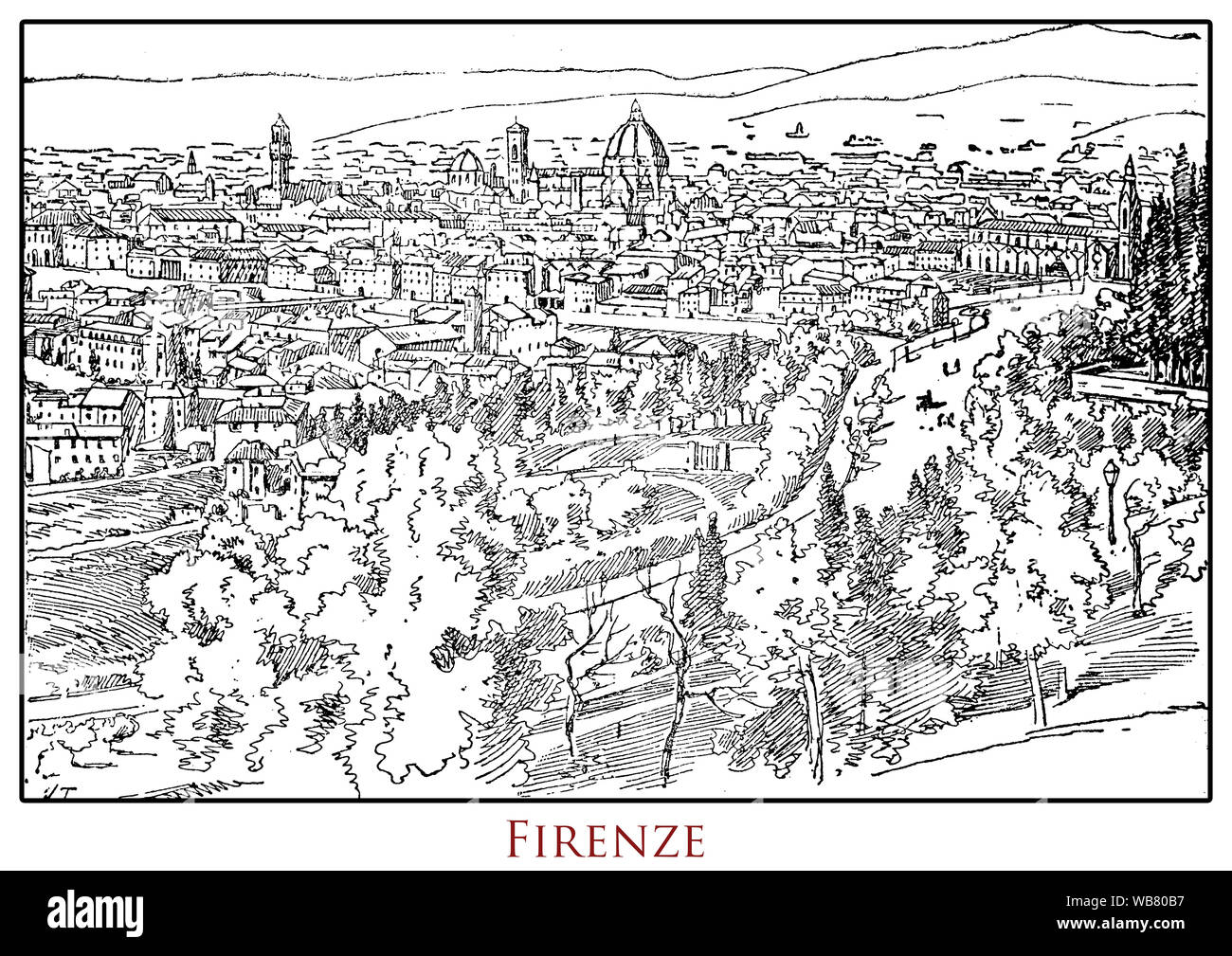 Tabella illustrata con una vista panoramica della città di Firenze capitale della regione Toscana in Italia centrale, da un lessico del XIX secolo Foto Stock