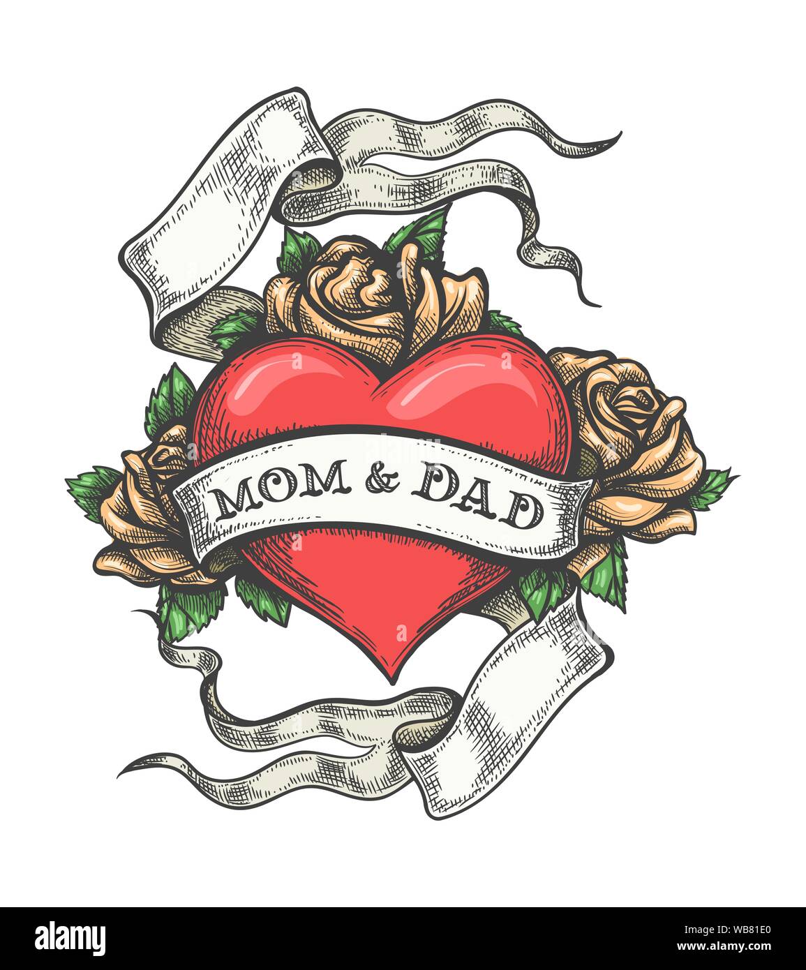 Cuore con rose fiori e nastri con scritte mamma e papà Tattoo. Illustrazione Vettoriale. Illustrazione Vettoriale
