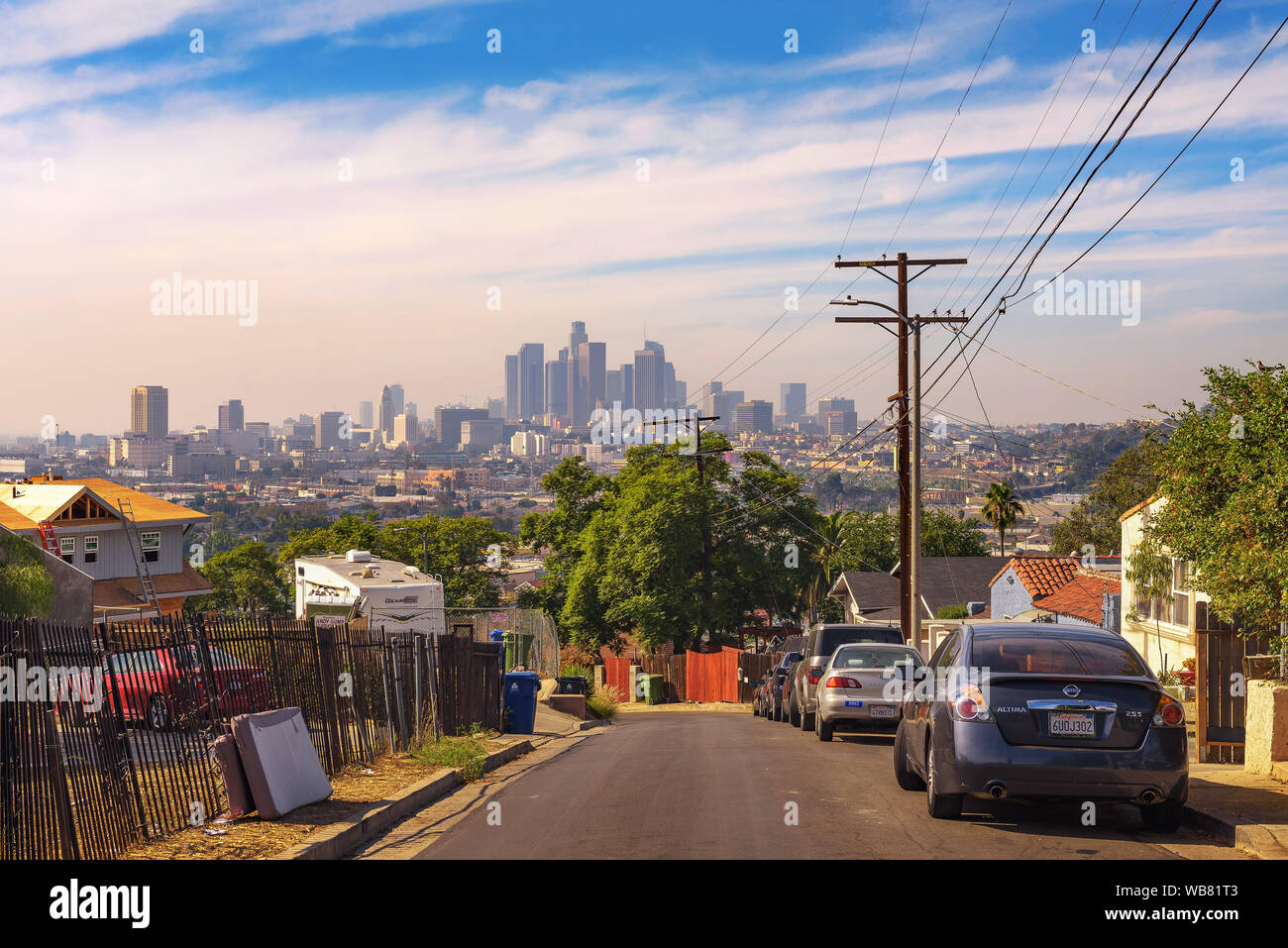 Skyline della città di Los Angeles visto dal Lincoln Heights Foto Stock