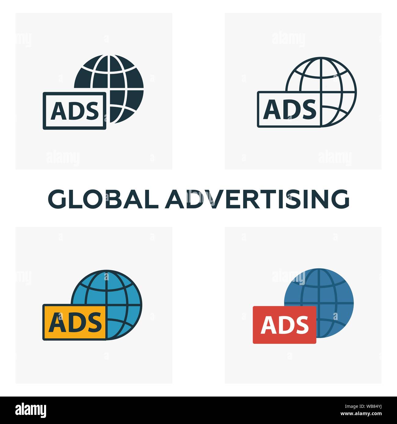 Global Advertising icon set. Quattro elementi in diversi stili dalla pubblicità raccolta di icone. Creative pubblicità globale icone riempito, contorno Illustrazione Vettoriale