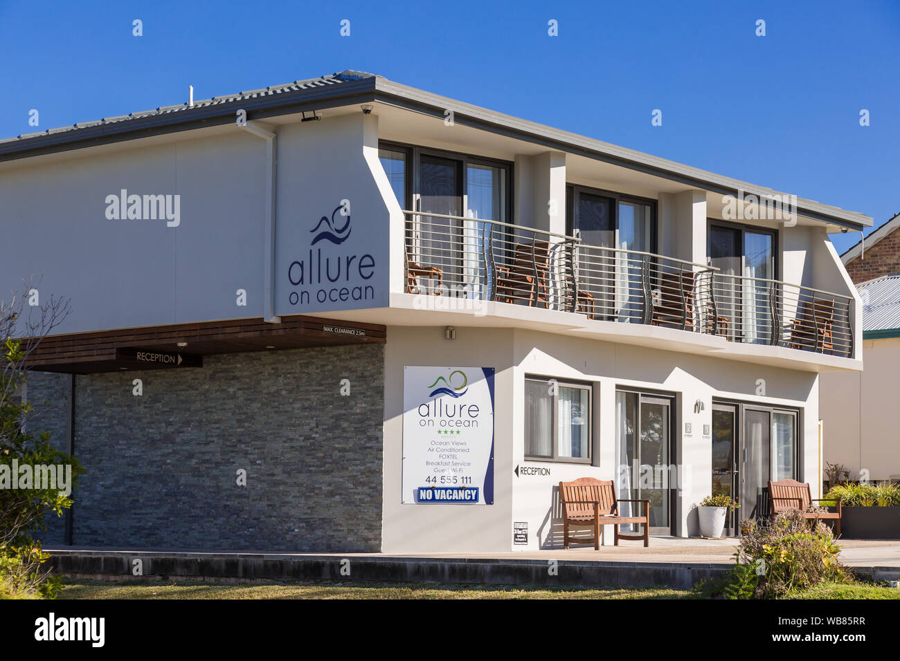 Viste generali di fascino su Ocean appartamenti vacanza, Mollymook Beach, Ulladulla, NSW Australia. Foto Stock