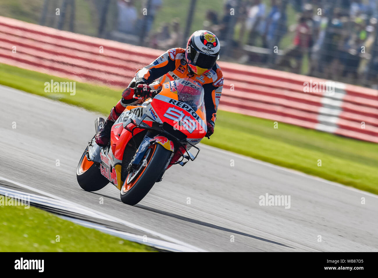 Towcester, Regno Unito. 25 Ago, 2019. 25 Ago, 2019. Jorge Lorenzo (SPA) del Team Repsol Honda durante il warm up della GoPro British Grand Prix sul circuito di Silverstone Domenica, 25 agosto 2019 a Towcester, Inghilterra. Credito: Taka G Wu/Alamy Live News Foto Stock