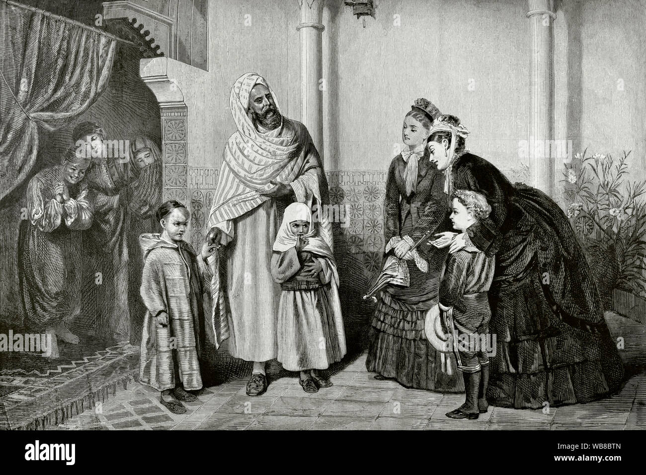 Le signore inglesi visitando moor's house. Dopo incisione dipinto da Giovanni Bagnold Burgess (1830-1897) chiamato anche "L'incontro di Oriente e Occidente". La Ilustracion Española y Americana, 15 luglio, 1876. Foto Stock