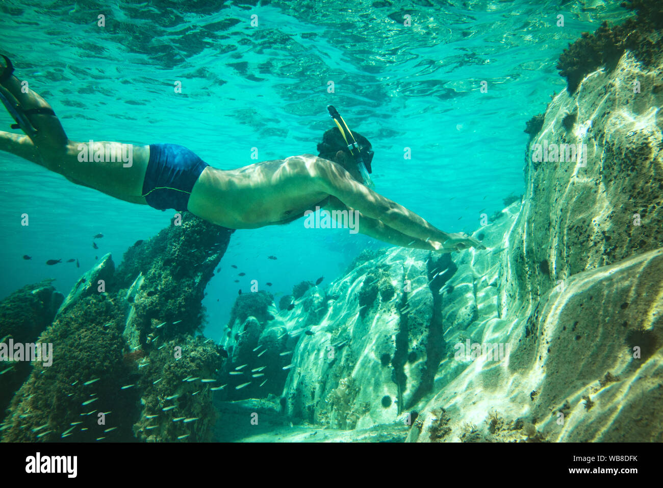 Uomo bello divertirsi in vacanza estiva ed esplorare il fondale durante le immersioni subacquee in mare. Foto Stock