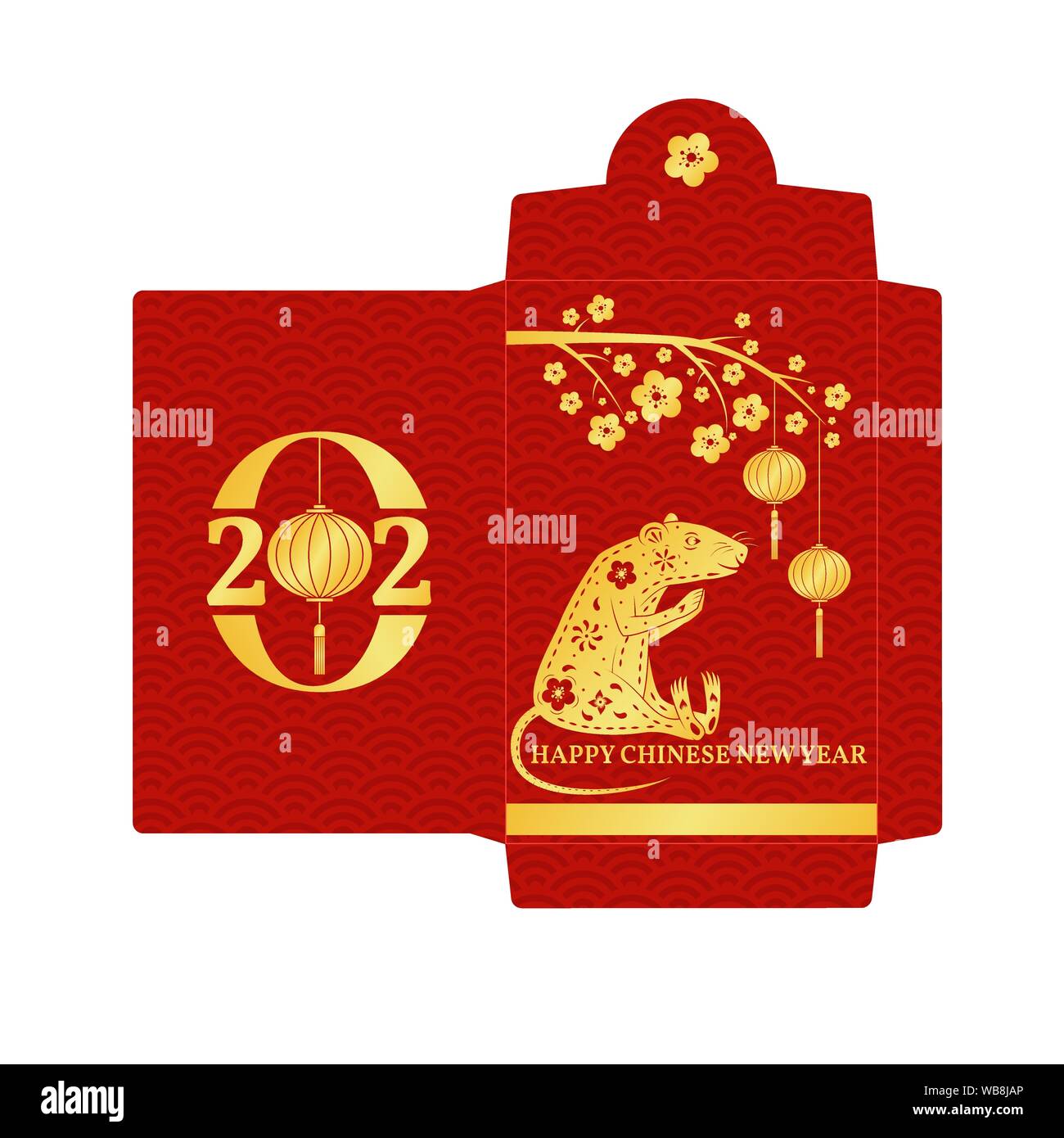Anno Nuovo Cinese busta rossa icona piatta. Illustrazione Vettoriale. Pacchetto rosso con oro di ratto e lanterne. Il Capodanno cinese 2020 anno del ratto. Illustrazione Vettoriale
