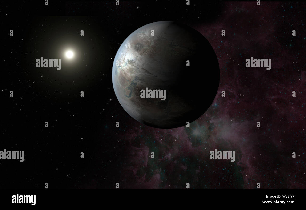 Stella e il pianeta con la nebulosa nello spazio esterno Foto Stock