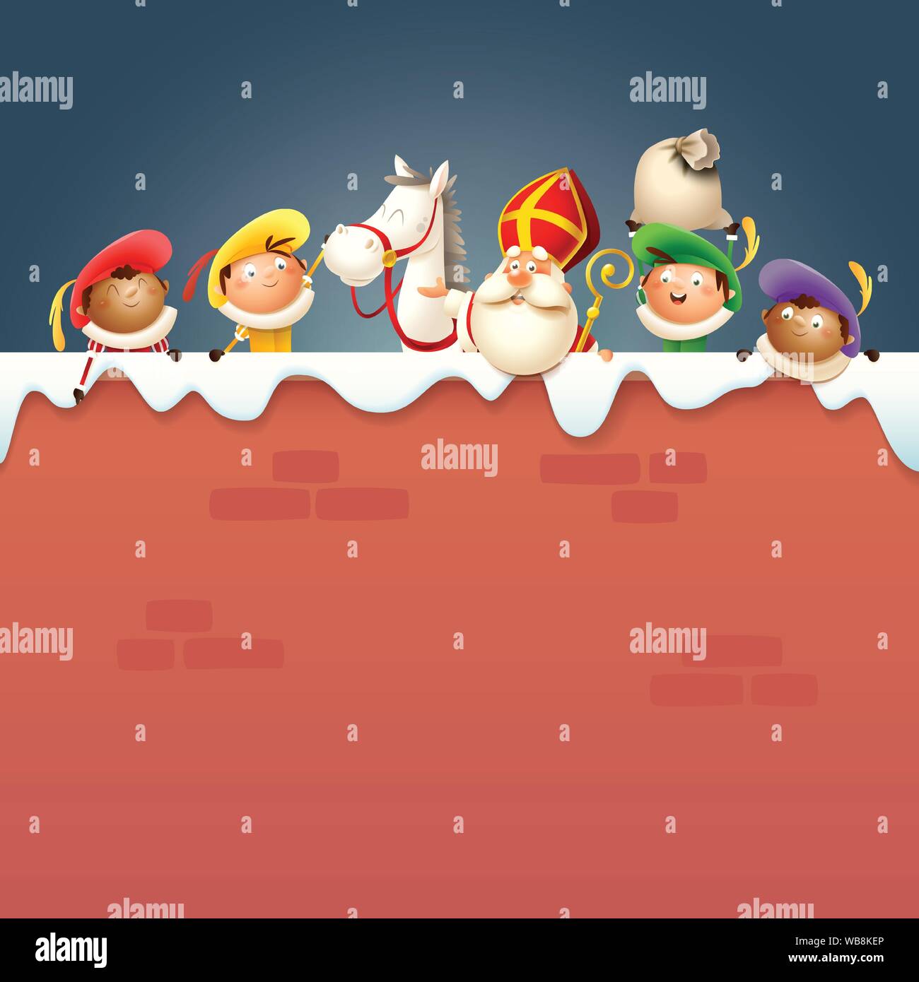 Saint Nicholas o Sinterklaas il suo cavallo e aiutanti Zwart Piet a bordo - happy personaggi deliziosi celebrare vacanza olandese sulla parete nevoso- illustra vettore Illustrazione Vettoriale