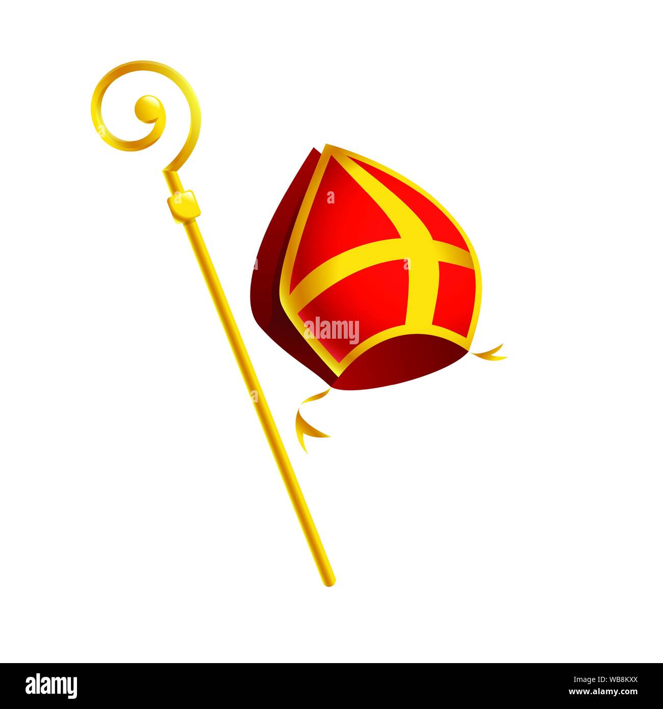 Saint Nicholas o Sinterklaas attributi mitra e golden crosier stick - isolato su sfondo bianco Illustrazione Vettoriale